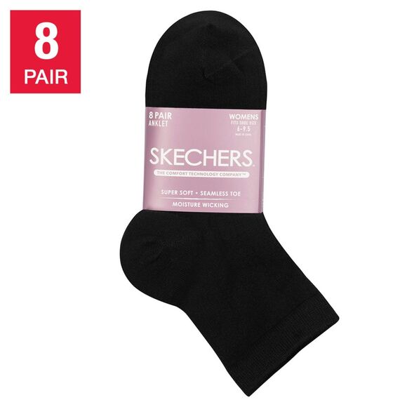SKECHERS Anklet Socks 8 Pairs Womens Black Moisture Wicking Shoe Size 6-9.5 NWT - Picture 1 of 7